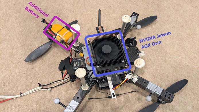 drone underside with Jetson Orin Processing Board and dedicated power supply.